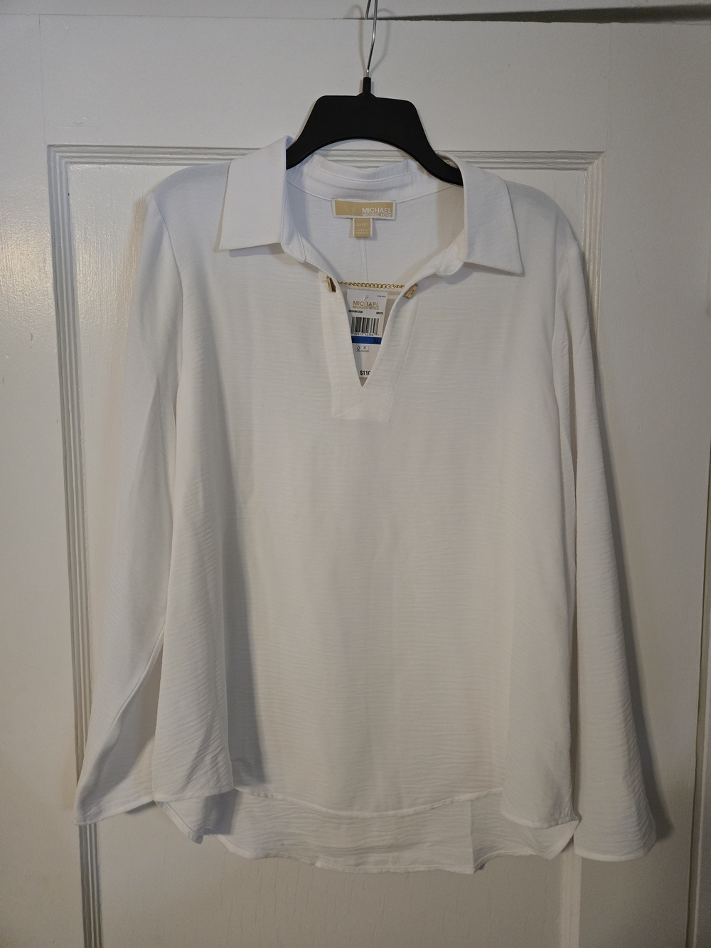 Michael Kors White Long-Sleeve Blouse with Gold Chain Detail